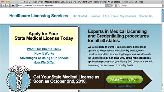 Healthcare Licensing Services website project shown as originally presented