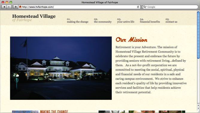Homestead Village of Fairhope website project shown as originally presented