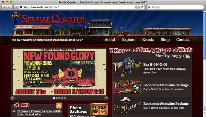 Seville Quarter website project shown as originally presented