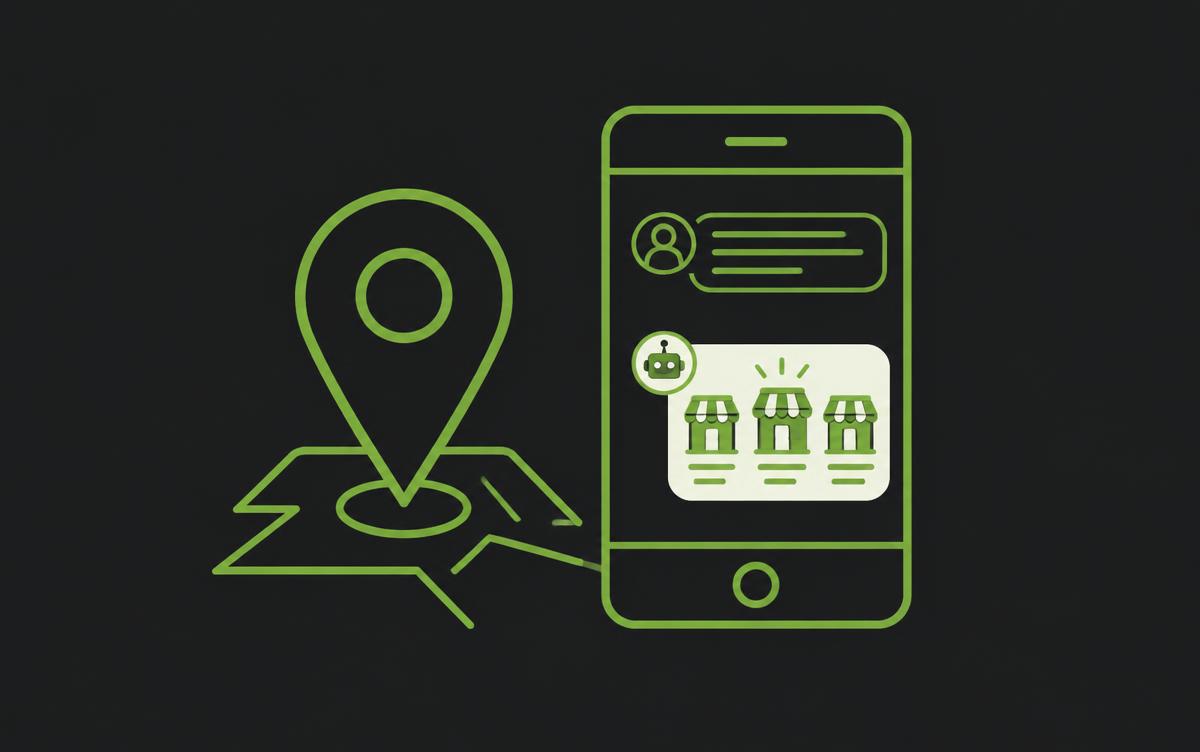 Illustration of a map pin beside a phone showing an AI recommendation of local storefronts